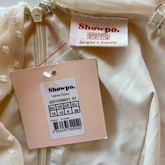 NWT Showpo. Tiahna Long Sleeve High Neck Ruffle Swiss Dot Dress in Cream Size 6 - Picture 8 of 15